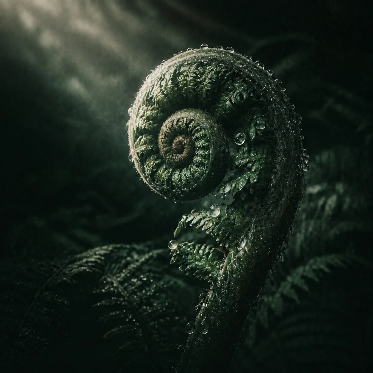 An unfurling fern against a dark green background