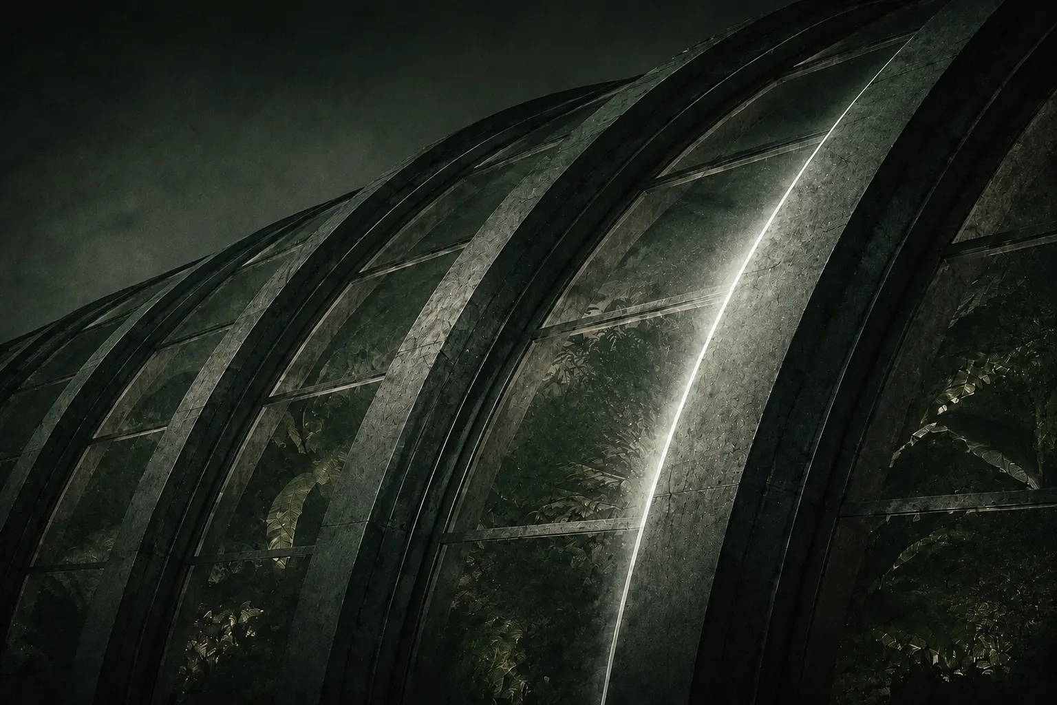Editorial artwork of a greenhouse at night, with forest-green planting beneath a vaulted frame.