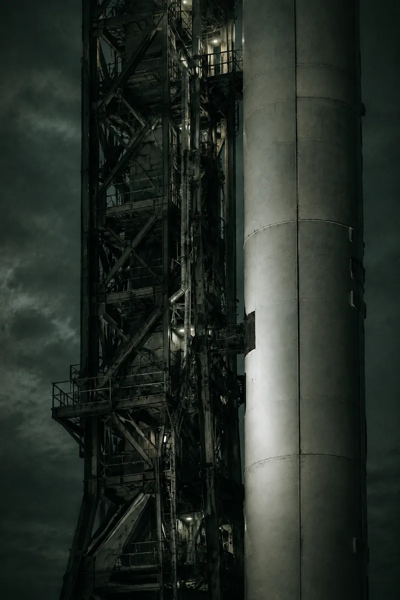 A launch tower represents staged checks before a high-consequence system is allowed to proceed.