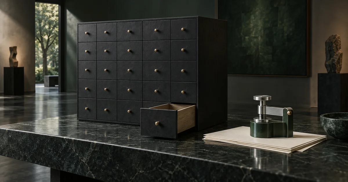 AI-generated conceptual illustration of a charcoal cabinet with one drawer pulled onto a stone workbench beside a compact metal tool and cream paper.